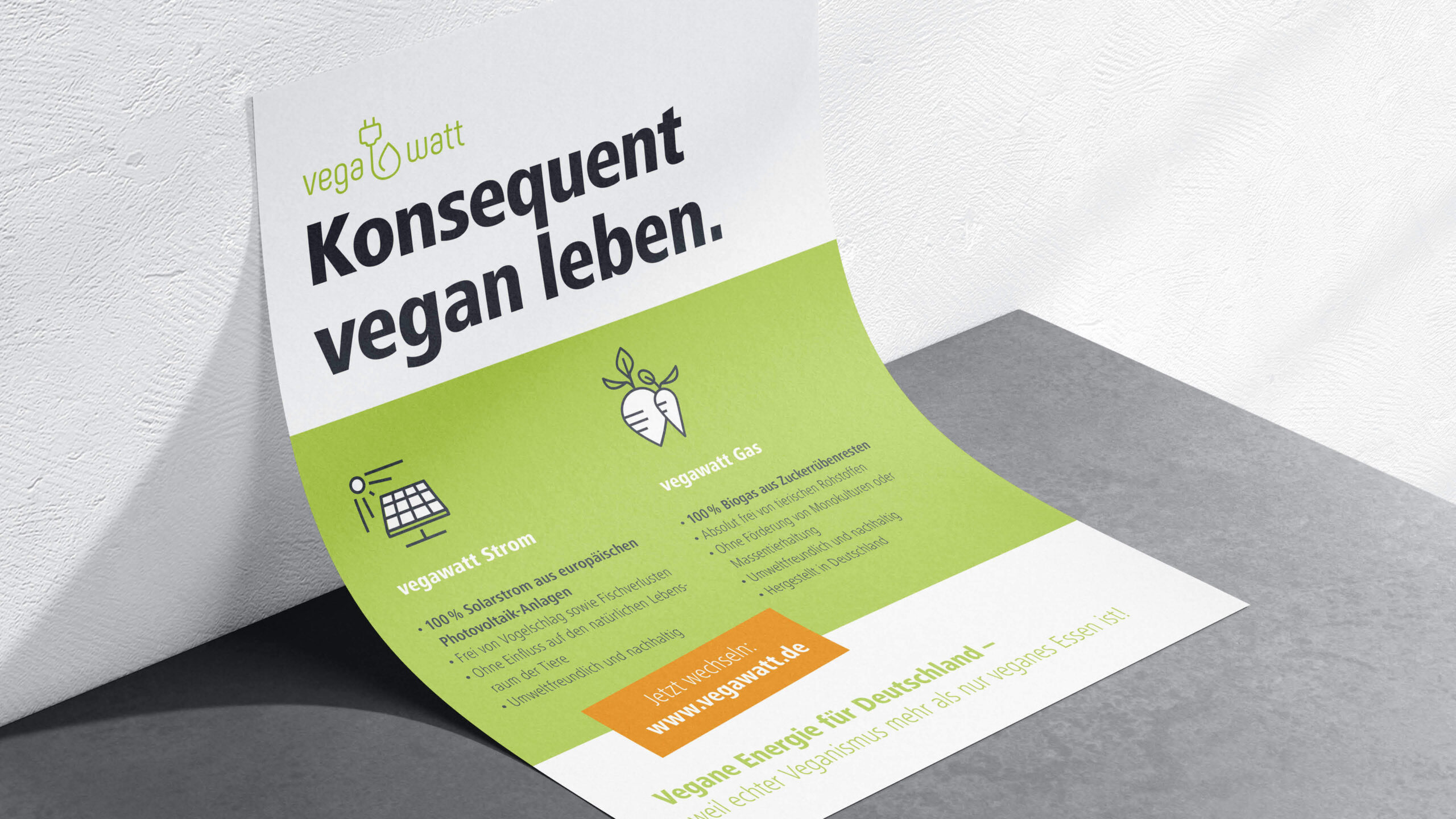 Mockup eines Flyers für vega watt. Titel: Konsequent vegan leben